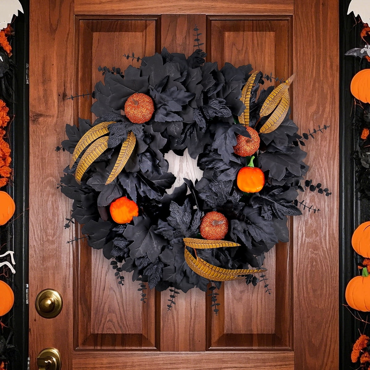 Halloween Wreath for Front Door, 20 Inch Black Maple Leaf Wreaths with Light, Pumpkin, Halloween Atmosphere Haunted House Decor, for Indoor,Outdoor,Wall Window,Porch,Farmhouse,Home,Party Decoration