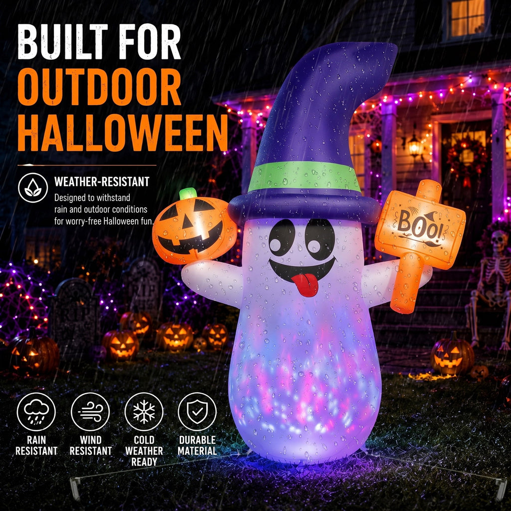 5ft Halloween Inflatable Ghost with Rotating Colorful LED Lights, Blow Up Ghost with Pumpkin & Boo Sign, Outdoor Halloween Yard Decoration for Lawn, Porch, Front Yard