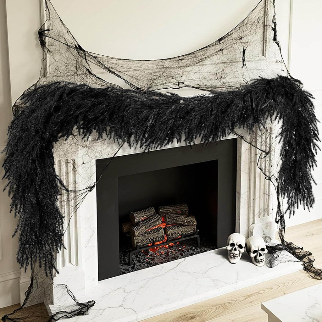Black Halloween Garland,9 Ft Halloween Garland For Mantle,Black Norfolk And Halloween Decorative Wreath Real Touch Halloween Garlands Faux Garland.(120 Head)