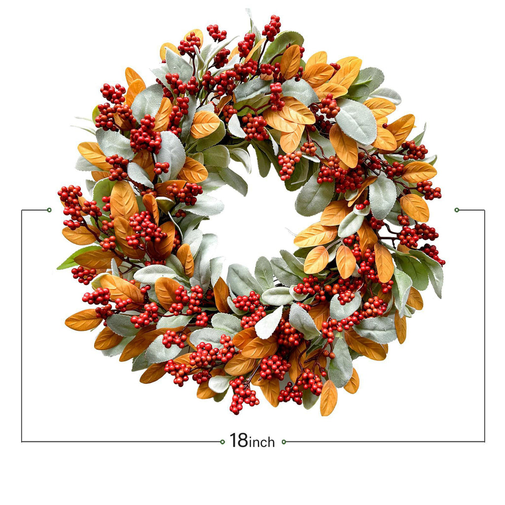 18 Inch Autumn Wreath for Front Door with Lamb Ear Leaves and Red Berries Artificial Fall Decor for Thanksgiving Halloween Harvest Festival Farmhouse Home Outdoor Indoor Window Wall Decorations