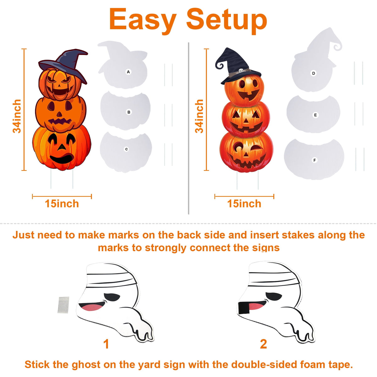 GameXcel Halloween Decorations Outdoor Yard Signs with Stakes, 34.8 in Tall Vertical Pumpkin and Ghost Decor, Weather-Resistant, 2 Count