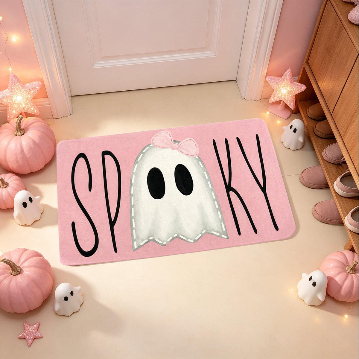 Pink Halloween Decor Ghost Candy Bowl Figurine with Bow and Scalloped Holder for Indoor Tabletop Decor and Party Favor Display