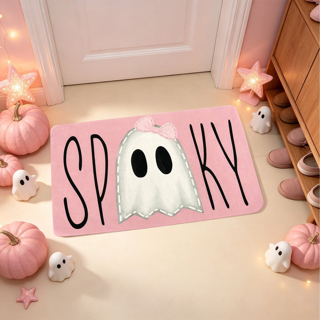 Halloween Decoration Indoor Outdoor Clearance Under $15.00! P-ink Ghost Halloween Doormat Non-Slide Front Door Mat Spooky Cute Ghost Welcome Rug For Indoor Outdoor Porch Patio Entryway Fall Decor