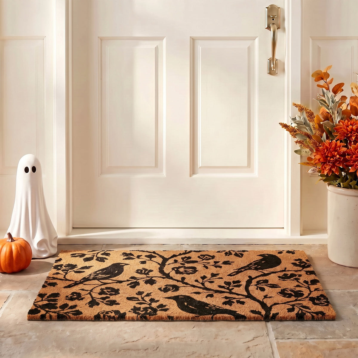 My Texas House Halloween Natural/Black Floral Bird Outdoor Coir Doormat, 30" x 48"