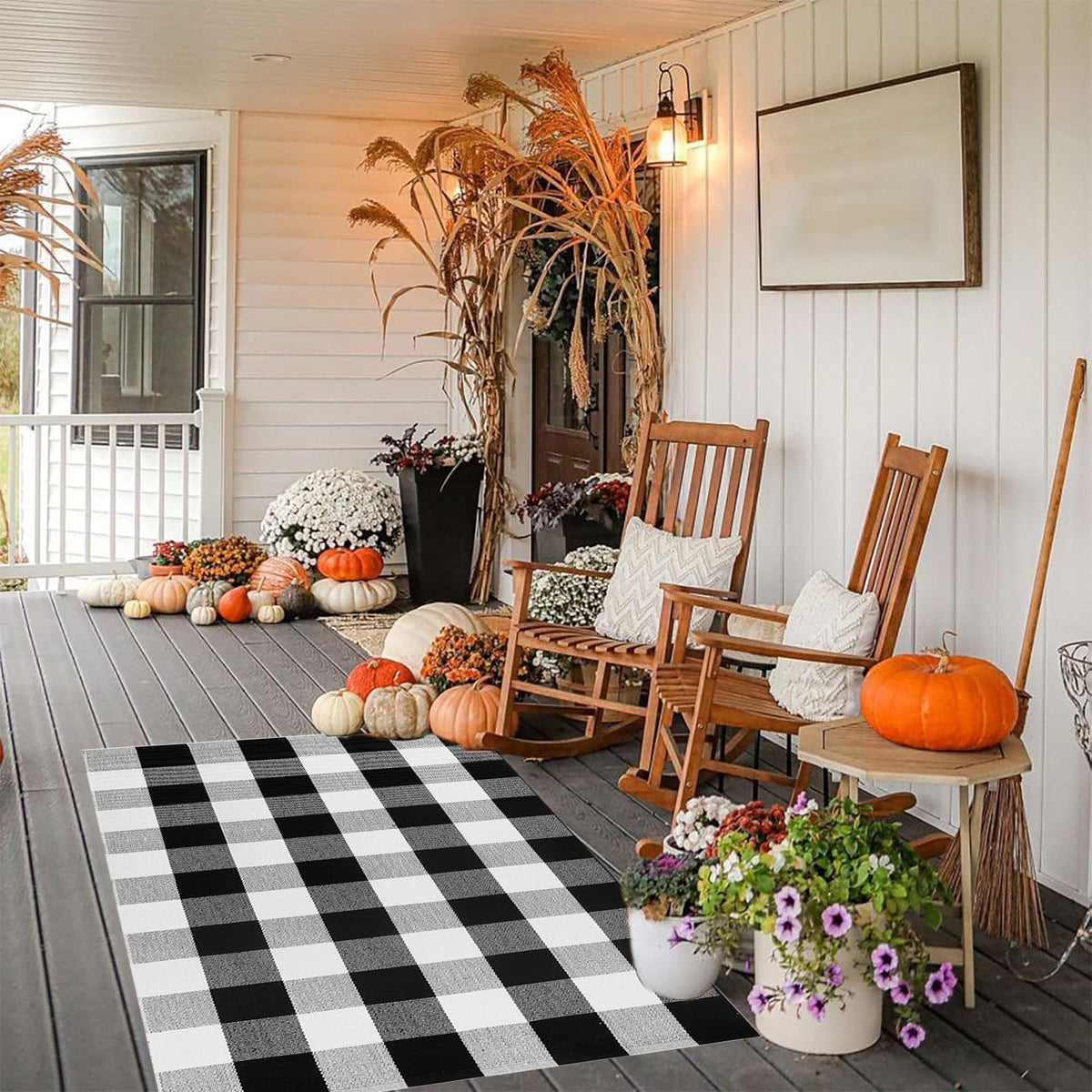 Sunshinehomely Buffalo Plaid Outdoor Rug, Fall Decor Front Door Mat, Layered Welcome Door Mat, Halloween Fall Thanksgiving Front Porch Entryway Farmhouse Decor Floor Mat