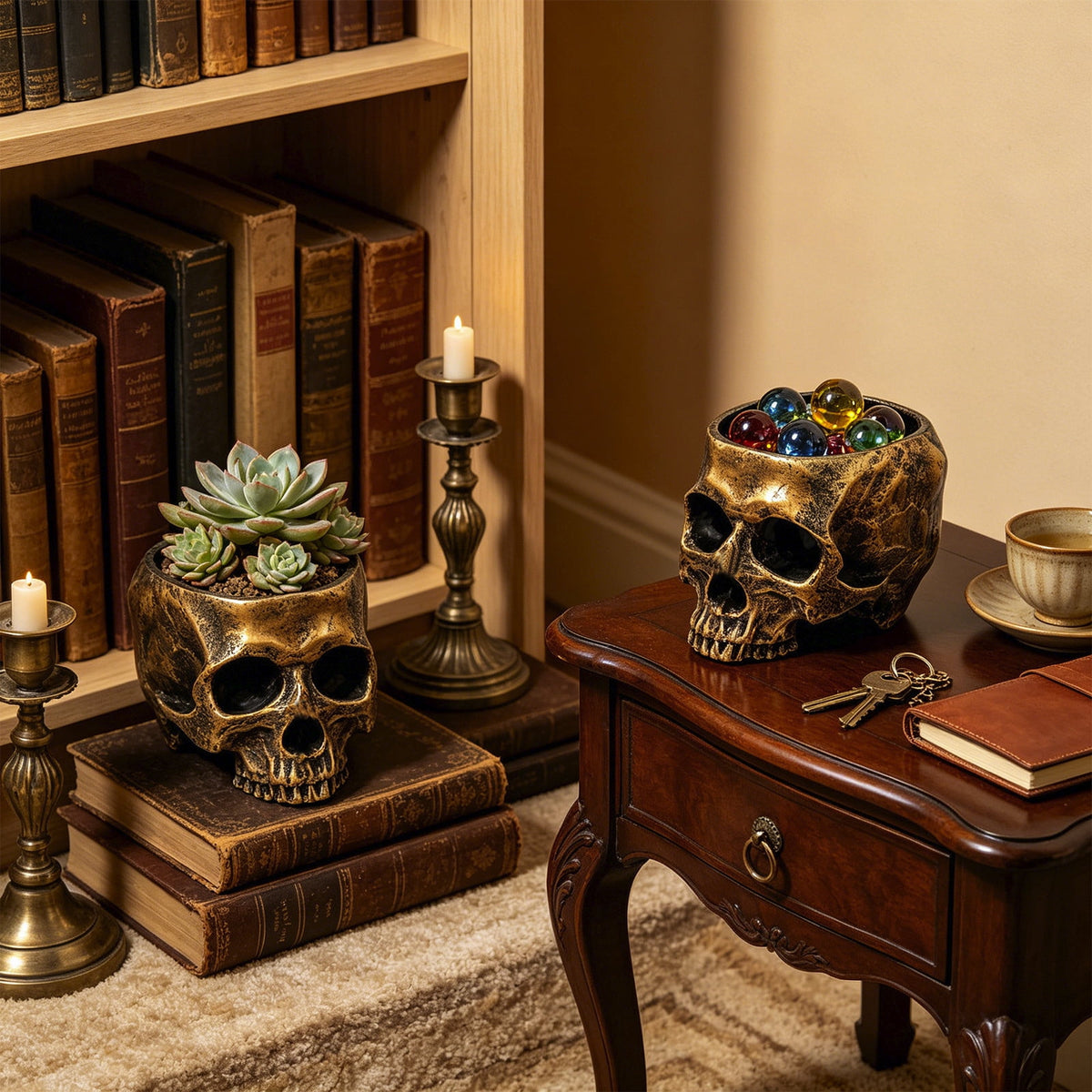 AuroraX Halloween Skeleton Head Plantser Halloween Resin Skull Flower Pot Indoor Spooky Cactus Candy Halloween Desk Decoration Black