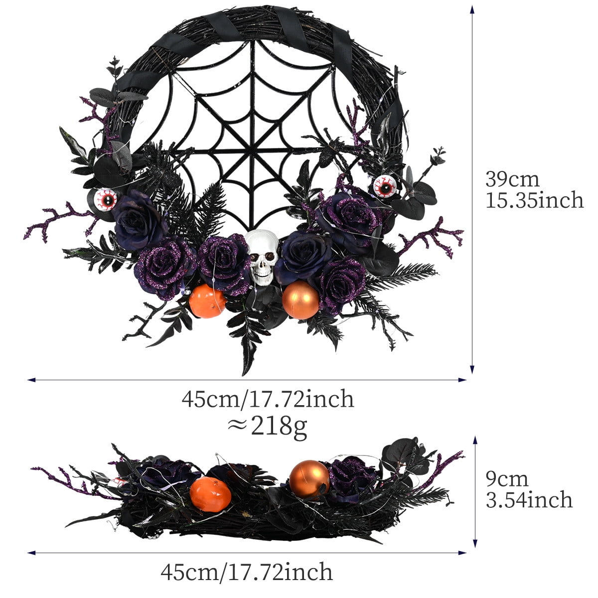 SDJMA Halloween Wreath Front Door Decoration, 18'' Artificial Skull Wreathhandmade Black Grapevine Wreath With Pumpkin Rose Spider, For Indoor Outdoor Home Halloween Party Decoration