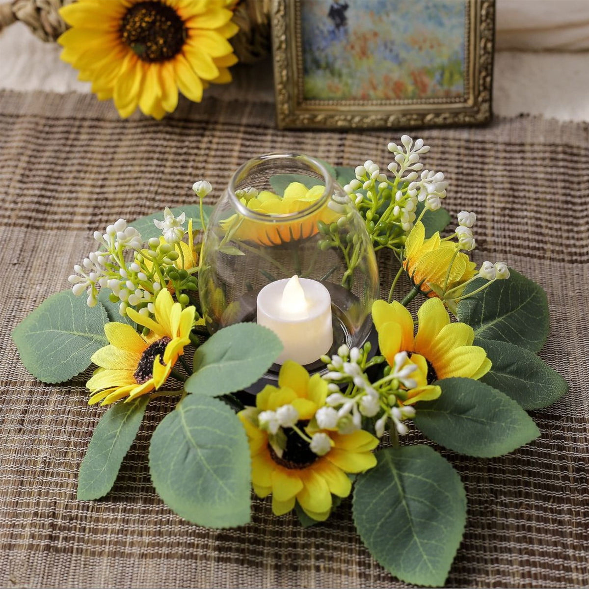 Guozer 1PCS Fall Candle Rings Wreaths Decorative Rattan Garland with Maple Leaf Berries for Thanksgiving Halloween Table Decor (No Light)