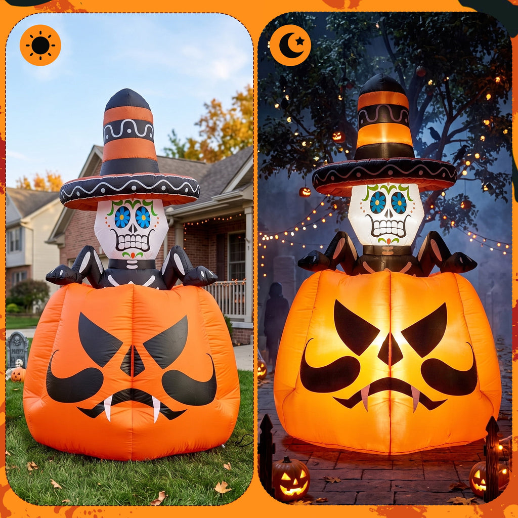 GVDV 6 FT Halloween Inflatables Animated Pumpkin Skull Outdoor Decorations Blow Up Yard with Built-in LEDs for Indoor Party Garden Lawn Decor