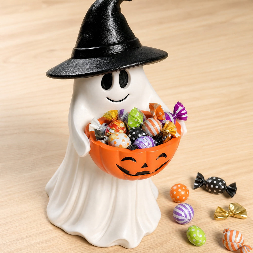 Halloween Decoration Ghost Figurine 11in Resin Ghost Statues with Pumpkin Candy Bowl for Outdoor Indoor Front Door, Porch Yard Lawn Party Decor