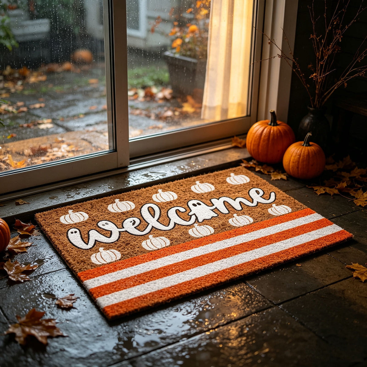 Fllostpr Halloween Pumpkin & Crow Welcome Doormat for Front Door, Non-Slip Vintage Brown Coir Floor Mat for Outdoor Porch Entryway Decor,16x24 Inch