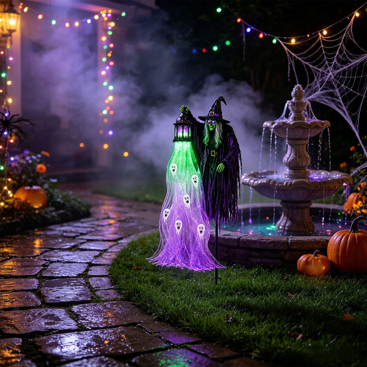 Solar Halloween Metal Moon Black Cat Garden Stake with LED Pumpkin Lantern, Light Up Star Bat Yard Decor Stake, Spooky Outdoor Lawn Pathway Halloween Decoration