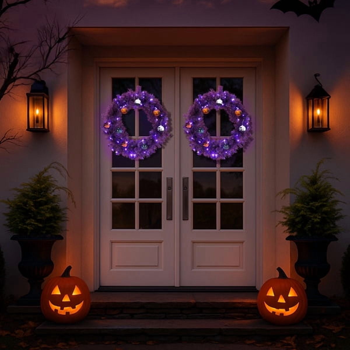 24" Halloween-Themed Christmas Wreath - Purple Pre-Lit Wreath with 50 Purple/Orange LEDs, 100 PVC Tips, DIY Ornament Pack for Indoor/Outdoor Decor