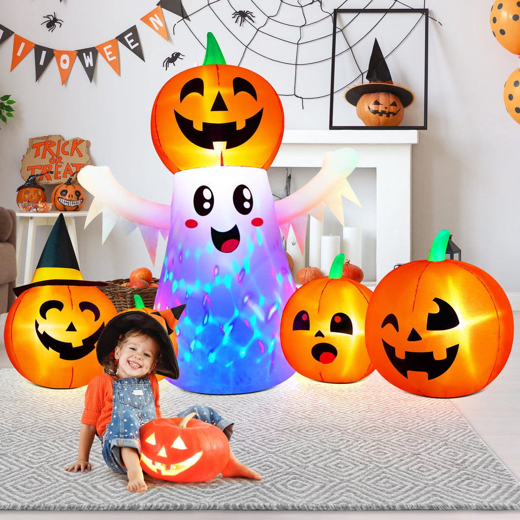 Yexmas 9.4ft Halloween Inflatable Pumpkins Outdoor Decor with Black Cat Tombstone and Spectre,360° Rotating Colorful LED Lights,for Halloween Party,Yard,Garden,Lawn