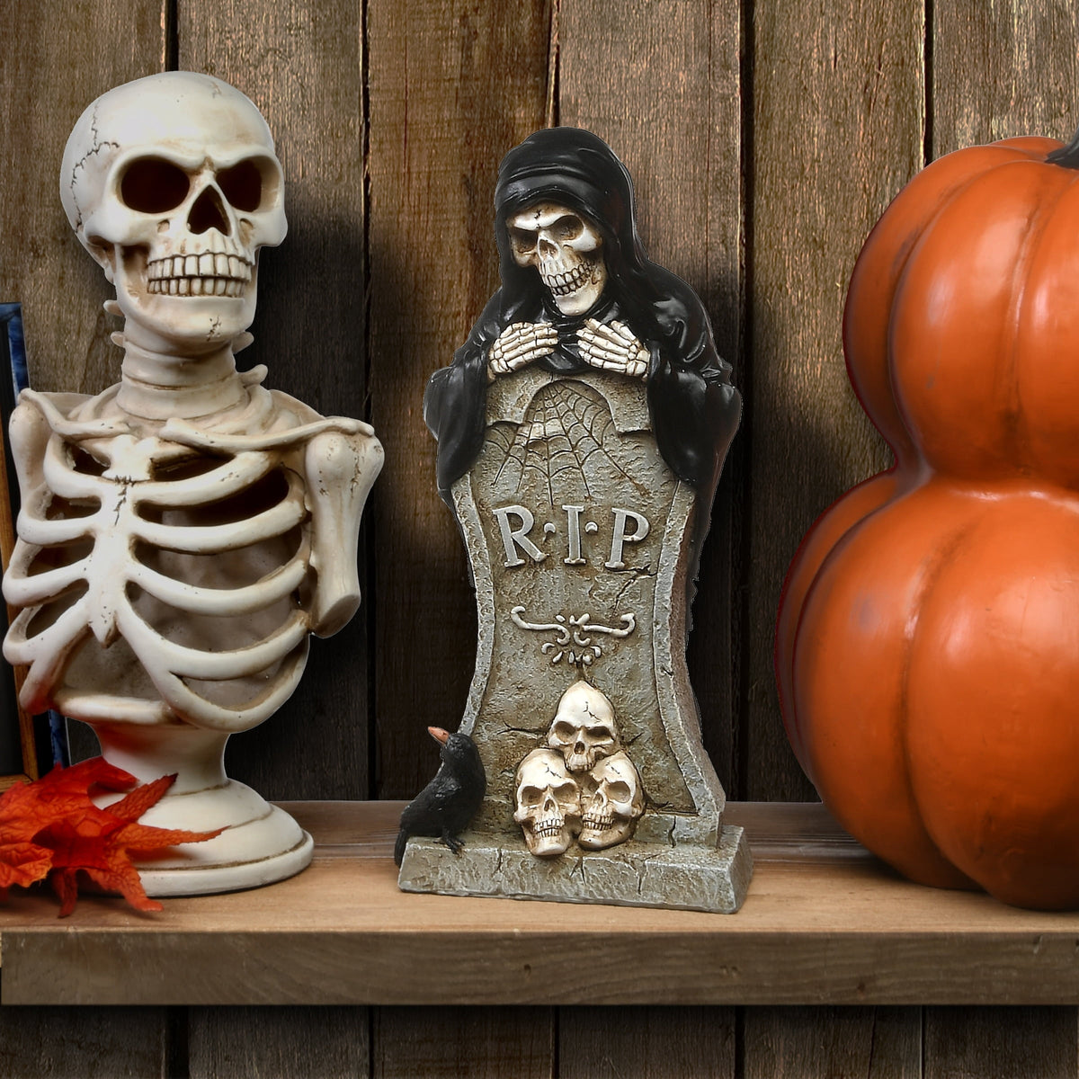 CC Christmas Decor 12" Black and Brown Tombstone with Skeleton Reaper Halloween Outdoor Decor