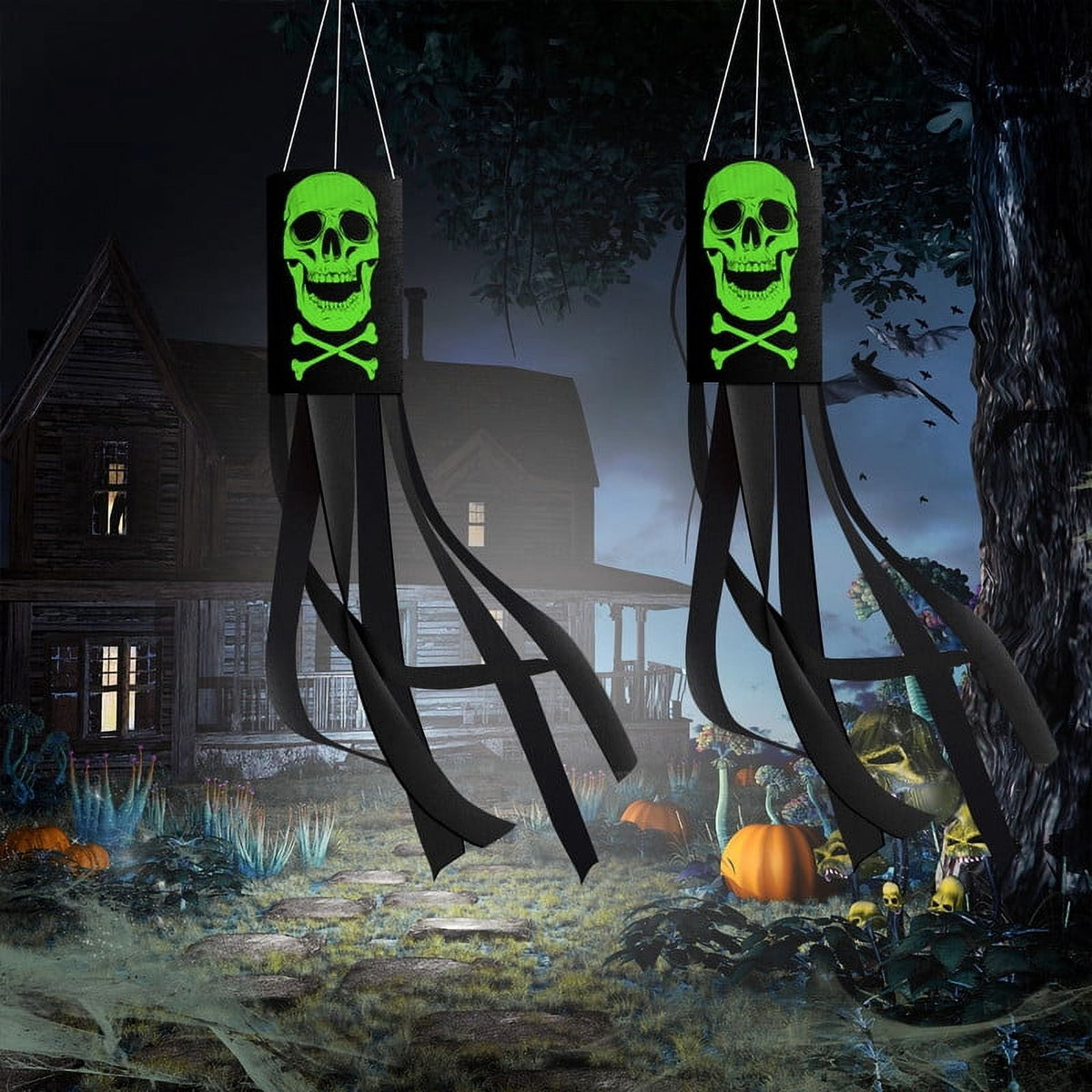 2 Pack 40 Inch Halloween Luminous Ghost Skull Windsock Flag, Glow in The Dark Skeleton Windsocks Flag, Outdoor Hanging Decor for Yard Patio Garden Pathway Party Decoration