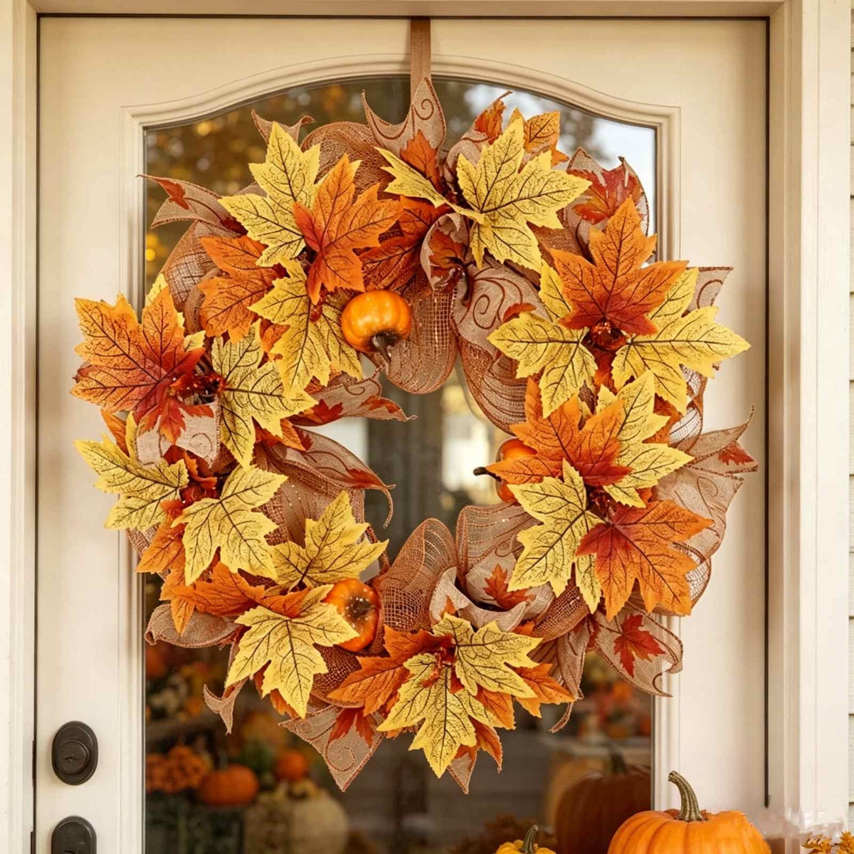 Festival Pumpkin Maple Leaf Artificial Wreath Door Hanging, Halloween Wreath
