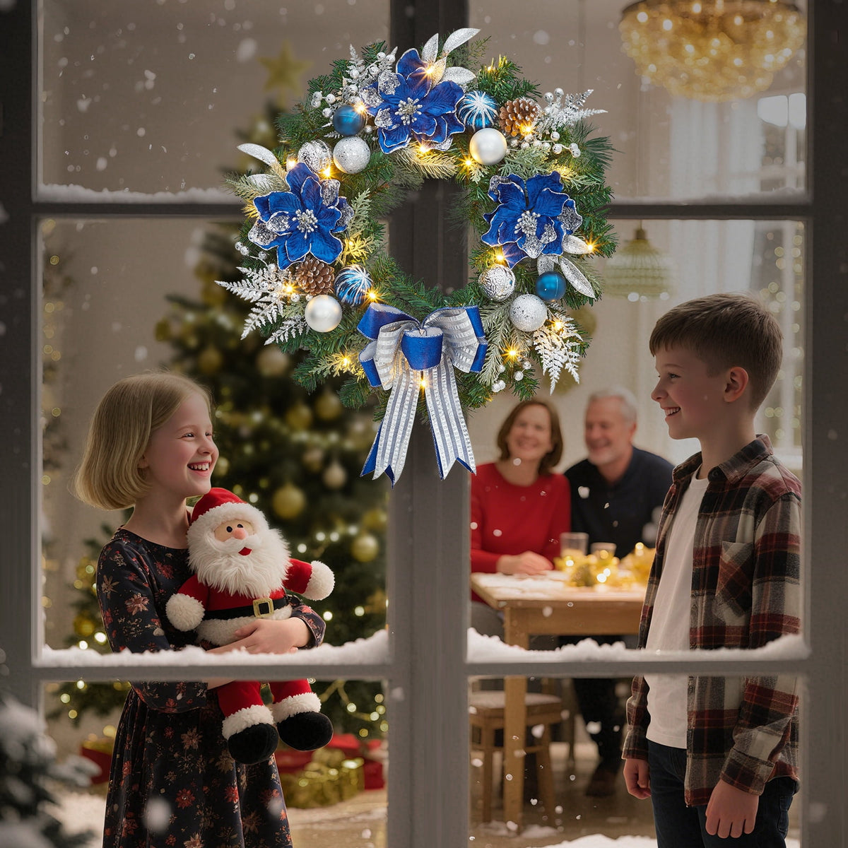 JoanKaren 24 inch Large Christmas Wreath Silver White with 20 LED Lights,Prelit Xmas Wreath w/ Ball Ornaments Pine Cone