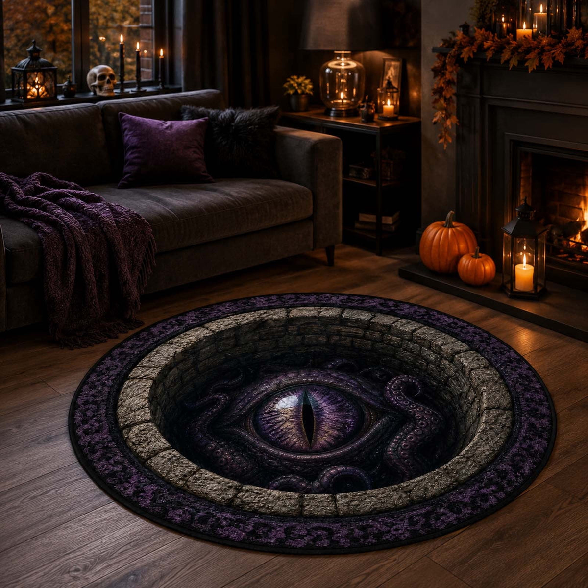 Win s Way 3D Illusion Round Halloween Rug Optical Illusion Doormat Non- Washable Entryway Decor Spooky Fall Front Door Mat for Party Decoration Available in 15.8/23.6/31.5 Inch