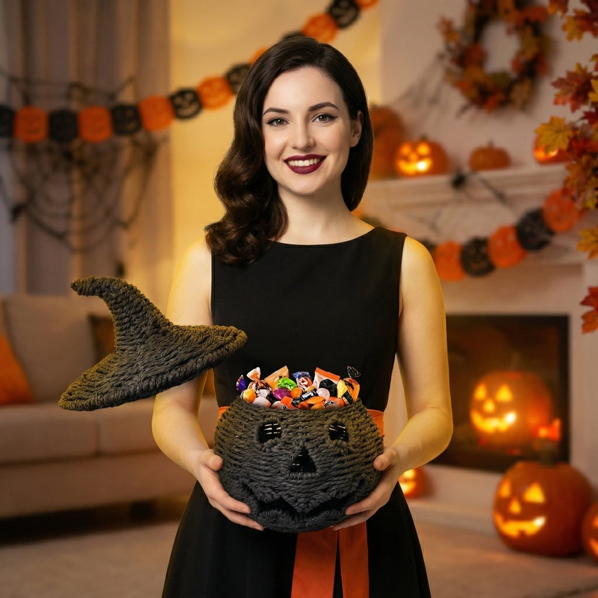 THOPBPRK 2026 Black Halloween Woven Pumpkin Jack-O'-Lantern, Halloween Decorations Pumpkin, USE LED Candle, Rattan Fall Halloween Decor for Home, 1Pack 11.8 Inch A