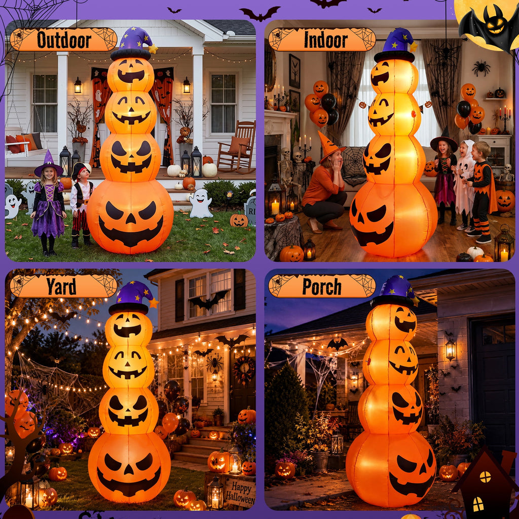Qunler 8ft Halloween Pumpkin Stack Inflatable Decoration with Witch Hat, Polyester Material Lighted Blow up Yard Decor for Outdoor Lawn Garden