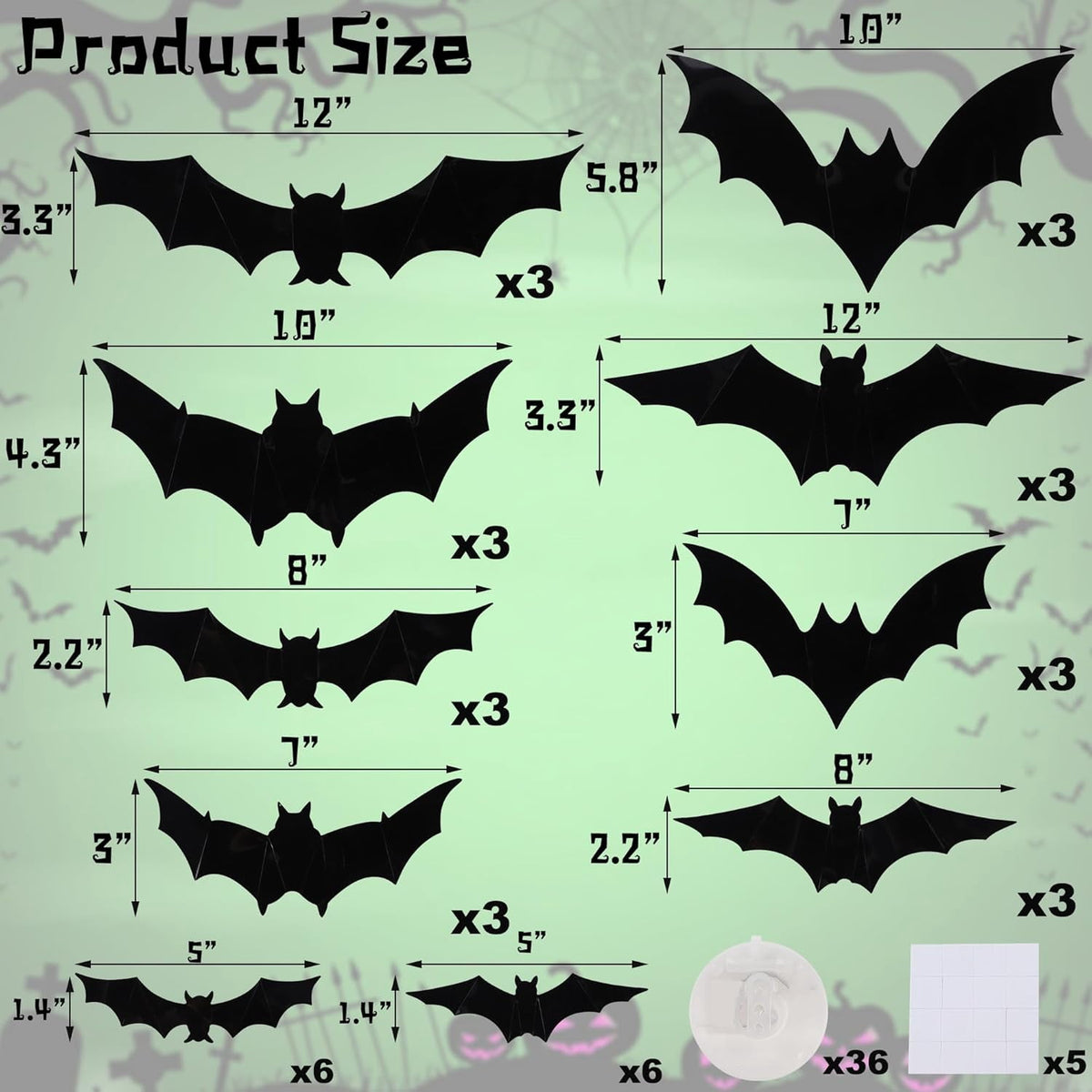 CQHVKQ 36 PCS Halloween Bats Decorations, Realistic 3D LED Bats Wall Stickers Decor, Assorted Size Removable Lighted PVC Bats DIY Wall Sticker for Halloween Party, Bedroom, Home, Indoor and Outdoor