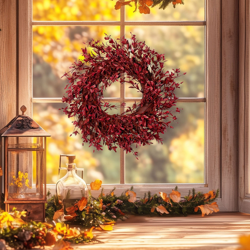 HHBEAUTY 11.8" Artificial Forsythia Wreath Spring Summer Fall Winter Wreaths for Front Door with Berries Silk Leaves Wreath for Halloween Decorations Porch Wall Window Indoor Outdoor Home Decor