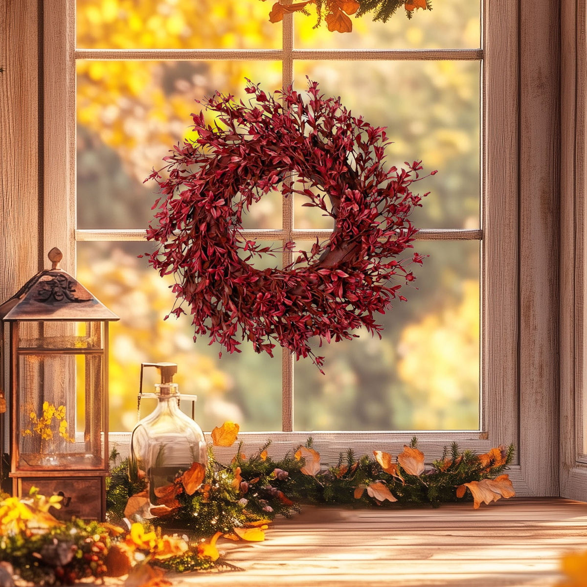 HHBEAUTY 11.8" Artificial Forsythia Wreath Spring Summer Fall Winter Wreaths for Front Door with Berries Silk Leaves Wreath for Halloween Decorations Porch Wall Window Indoor Outdoor Home Decor