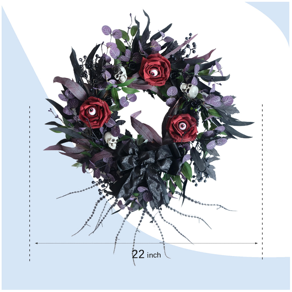 Idyllic 22" Halloween Wreath for Front Door Black Ribbon Rose with Eyes and Skull