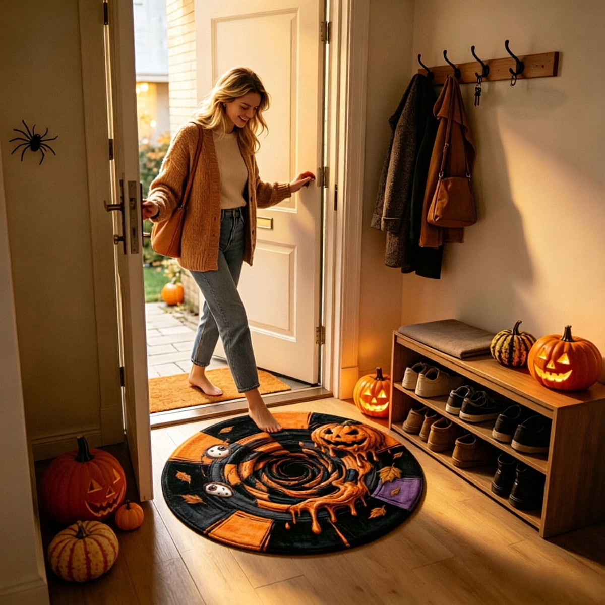 Win s Way 3D Illusion Round Halloween Rug Optical Illusion Doormat Non- Washable Entryway Decor Spooky Fall Front Door Mat for Party Decoration Available in 15.8/23.6/31.5 Inch