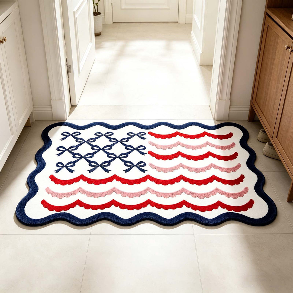 Clearance! 4th of July USA Bow Flag Bath Rugs, 24"x16" Red White Blue Decorative Bathroom Mat, Independence Day Embroidered Patriotic Lumbar Decor, Gift for Mom Dad Friend Family