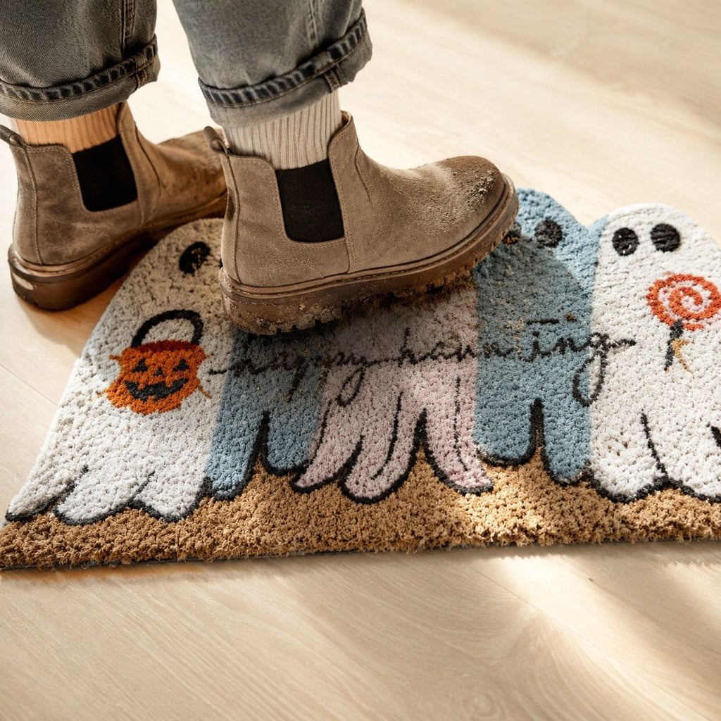 Fllostpr Halloween Pumpkin & Crow Welcome Doormat for Front Door, Non-Slip Vintage Brown Coir Floor Mat for Outdoor Porch Entryway Decor,16x24 Inch