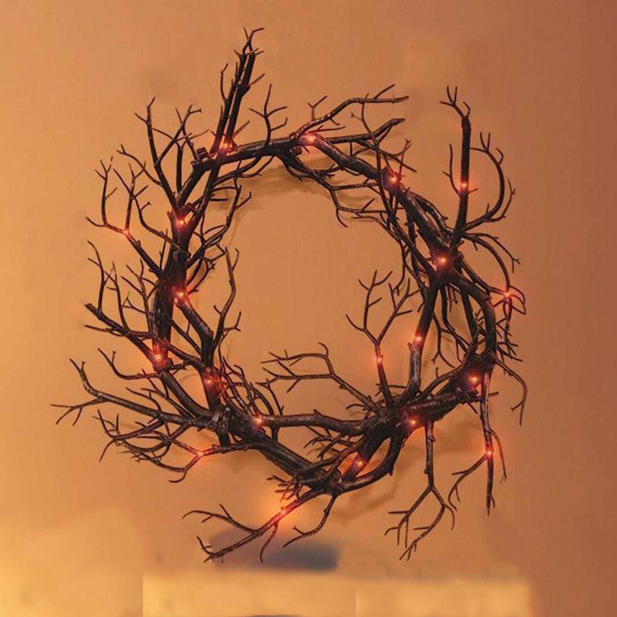 Black LED Halloween Wreath - 16.93 Inch Battery Operated Glitter Sparkling Decor with Red Lights for Front Door, Indoor Outdoor Spooky Haunted Home Decor