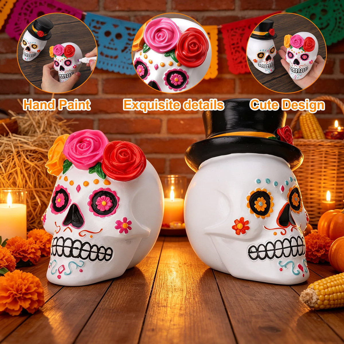 sixwipe Resin Day of The Dead Skull Couple, Halloween Decor, Black and White Skeleton Figurine Set, Male with Top Hat, Female with Red Rose Wreath