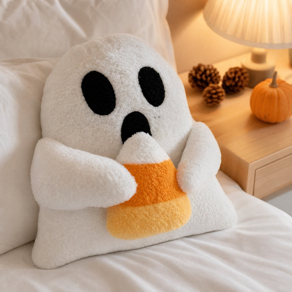 Cute Reading Ghost Plush Throw Pillow, Halloween Book & Pumpkin Bucket Ghost Stuffed Cushion, Spooky Season Decorative Pillow, for Sofa, Bedroom, Party Decor