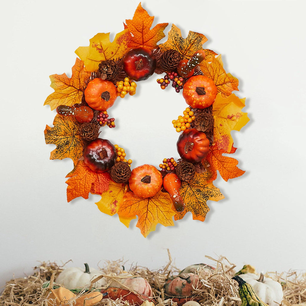 Autumn Wreath 14 Inch Fall Decor for Home Front Door with Artificial Maple Leaf Pumpkin Berry Pinecone Harvest Thanksgiving Halloween Farmhouse Seasonal Decorations Indoor Outdoor,