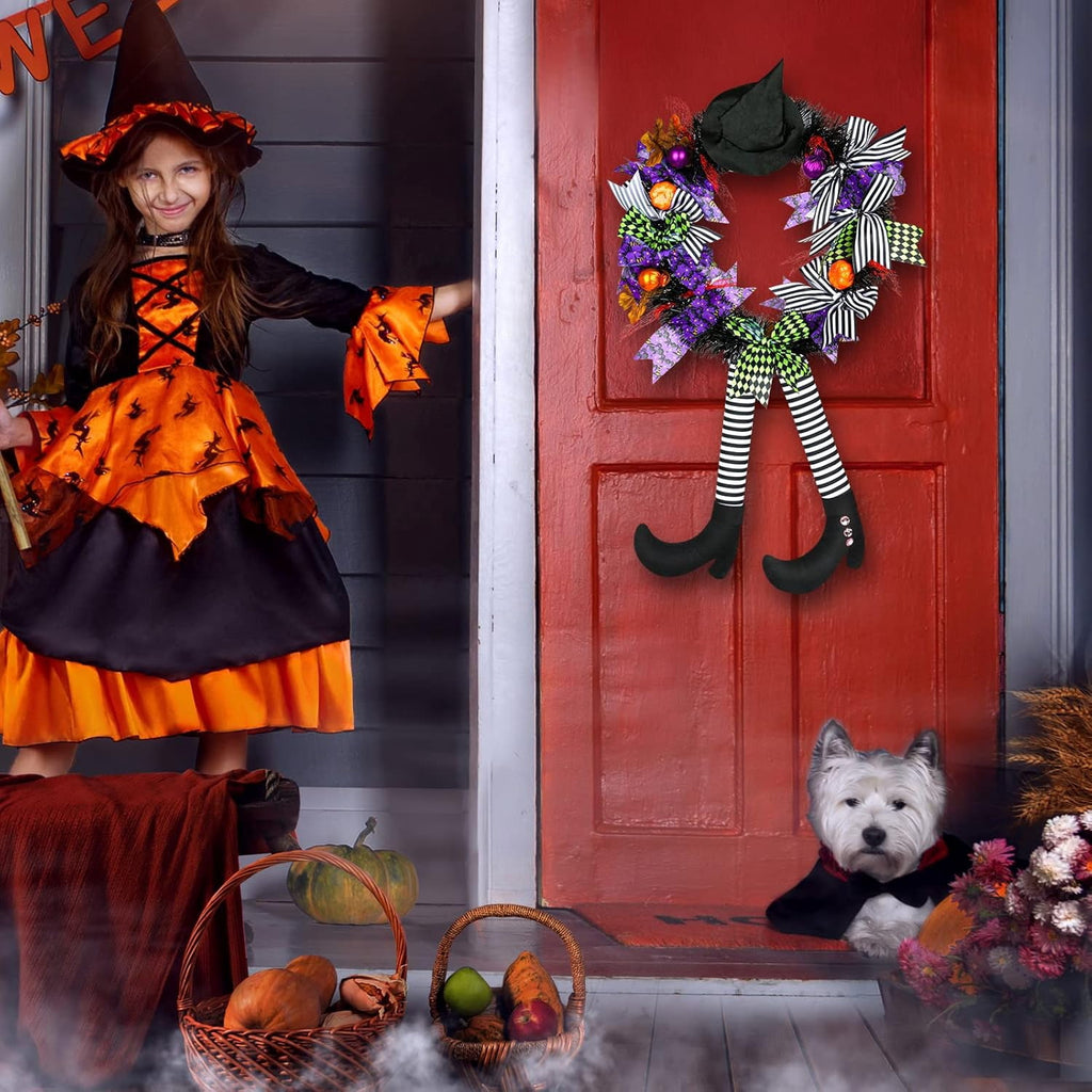 Halloween Wreath, 24Inch Halloween Wreaths for Front Door, Halloween Door Wreath with Hat Witches Legs and Pumpkin, Halloween Decorations for Front Door,Window,Indoor