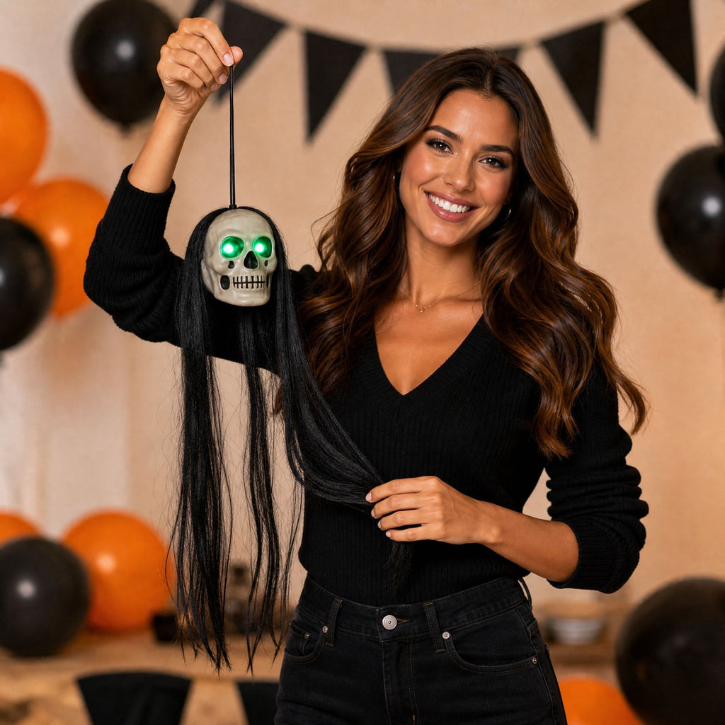 Bklubk Hanging Long Hair Skull Ghost Prop With Flashing Red/Green LED Eyes.Spooky Skeleton Head Hanging Ornament For Escape Room. House Halloween Yard Decor