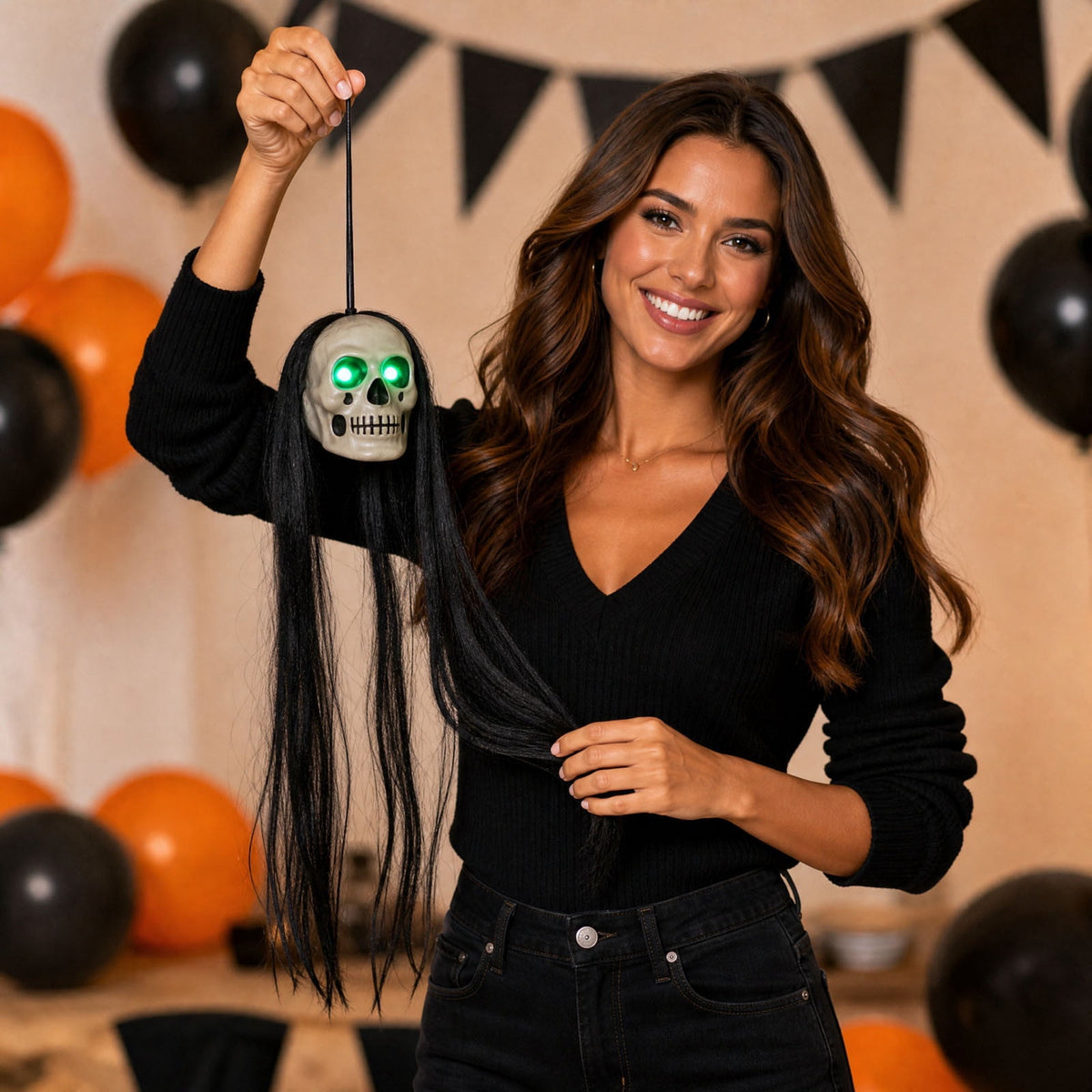 Bklubk Hanging Long Hair Skull Ghost Prop With Flashing Red/Green LED Eyes.Spooky Skeleton Head Hanging Ornament For Escape Room. House Halloween Yard Decor