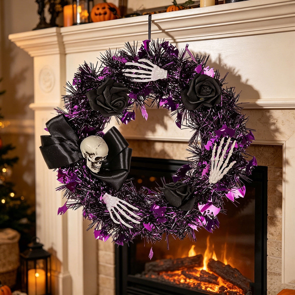 Hotyverty Halloween Wreath for Front Door, 13.77 Inch, Skull With Black Bow Wreath Halloween Decorations For Covered Outdoor Door & Farmhouse Gothic Home Ornament