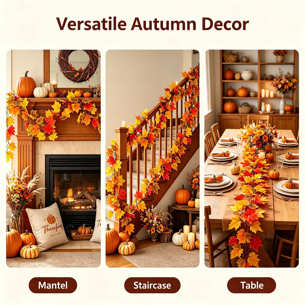WKSCLPAI Halloween Maple Leaf Garland, Fall Vine Wreaths for Autumn Festivities Decor,Seasonal Garlands for Home,Halloween & Fall Decorations