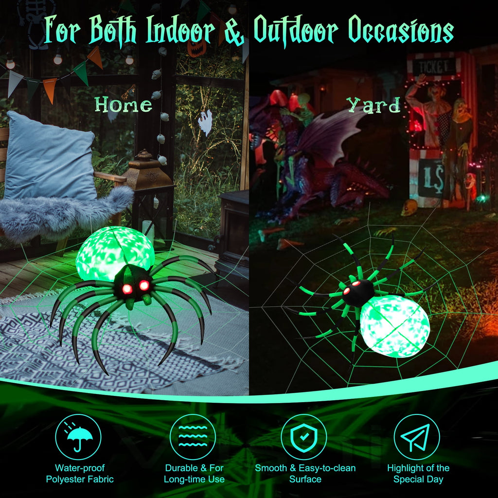 Patiojoy Halloween Inflatable Spider with Cobweb Creepy Blow-up Spider with LED Rotating LED Light Green Black Legs Waterproof Halloween Decoration