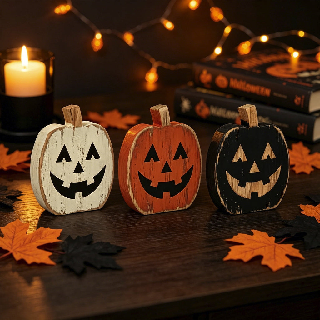 3 Pack Wooden Pumpkin Halloween Decor, Distressed Jack O Lantern Tabletop Set Rustic Indoor Fall Shelf Ornaments