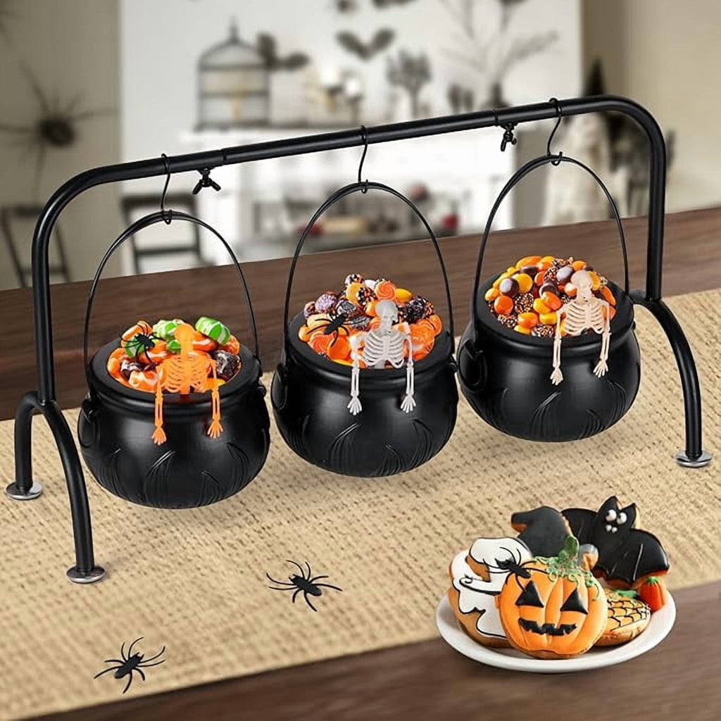 Halloween Witches Cauldron Serving Bowls Set of 3 on Rack - Black , Skeletons, Candy Punch Bowl, for Home Kitchen Indoor Outdoor, Party Decor, for Halloween Supplies