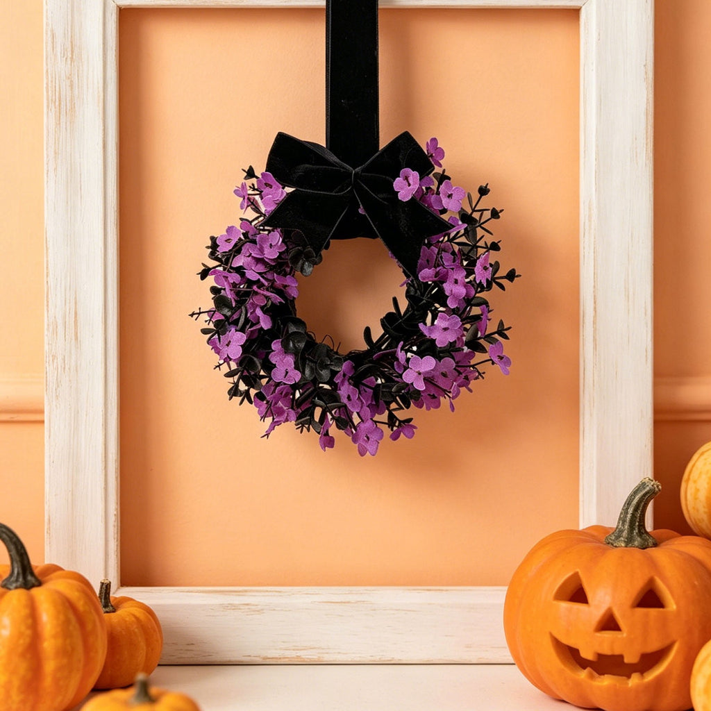 Halloween Star Shaped Bow Wreath for Window Door Display, Autumn Festival Artificial Wreath Decor