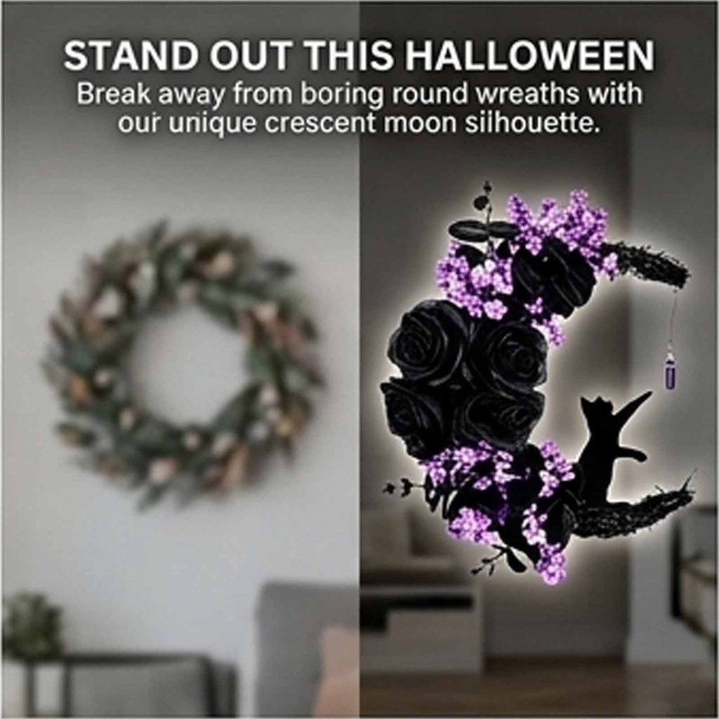 Magical Halloween Moon Cat Wreath Light up Door Crescent Floral Spooky Ruffled Fabric Porch Entryway Home Decor Wreaths Gothic Black Rose Elegant Hanging Decorations for Front Door