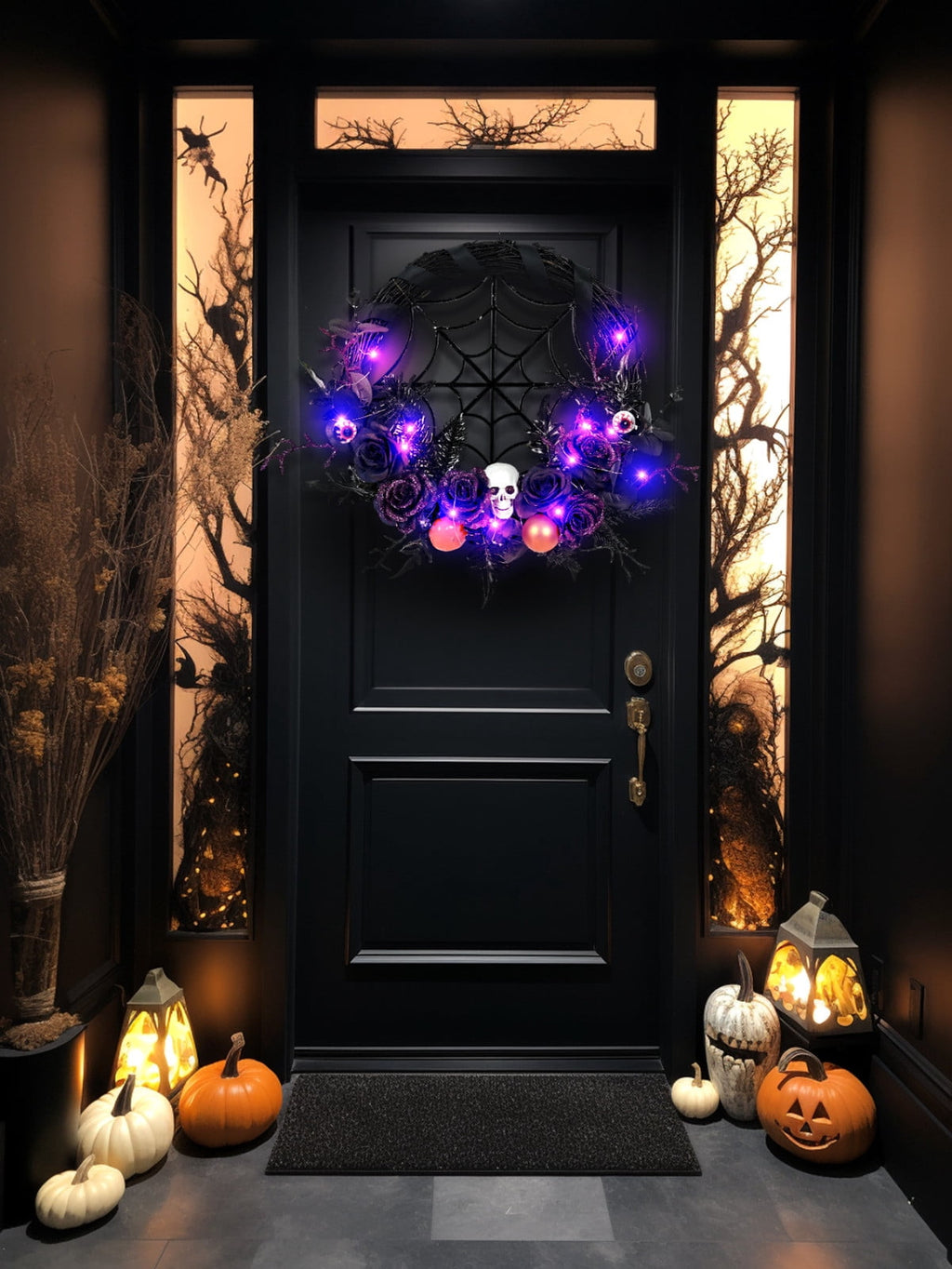 CASAFUN Halloween Wreath for Front Door 15 Inch Black Spider Web and Horror Skull Fake Flowers Ornamnets Scary Halloween Decor Spooky Home Party Fireplacce Window Wall Hanging Decor