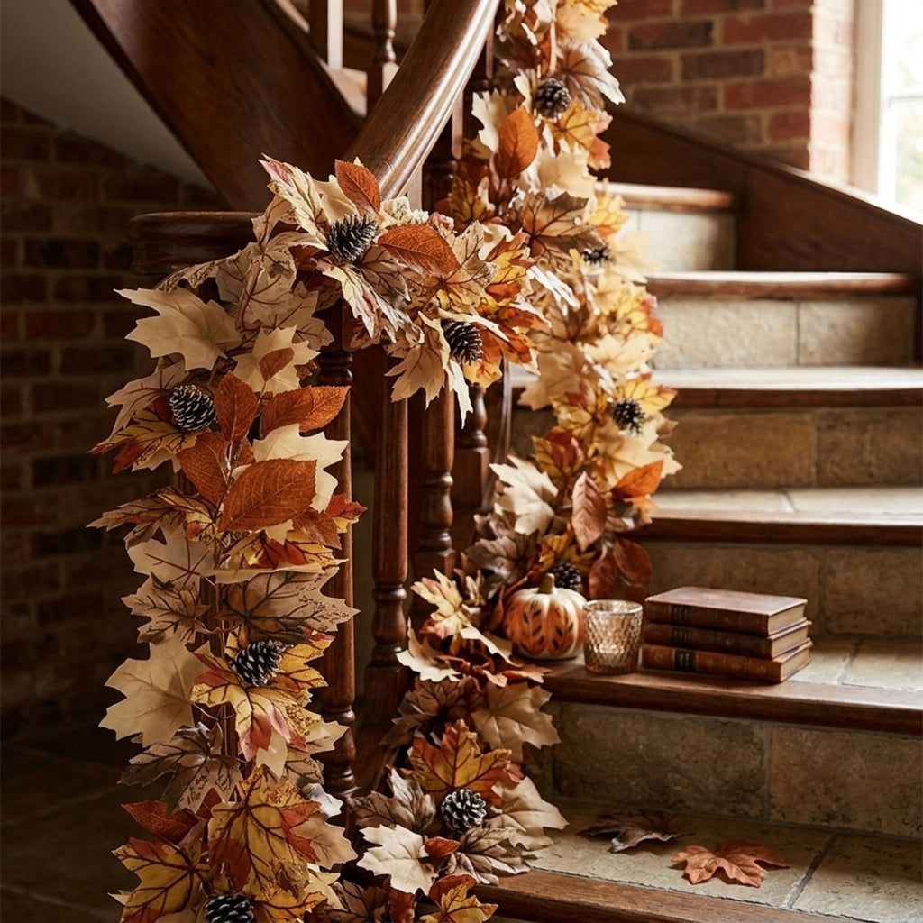 Halloween Artificial Maple Leaf Pumpkin Vine with LED Lights 67-71 Inch Lighted Fall Foliage Garland for Home Halloween Holiday Party Decor