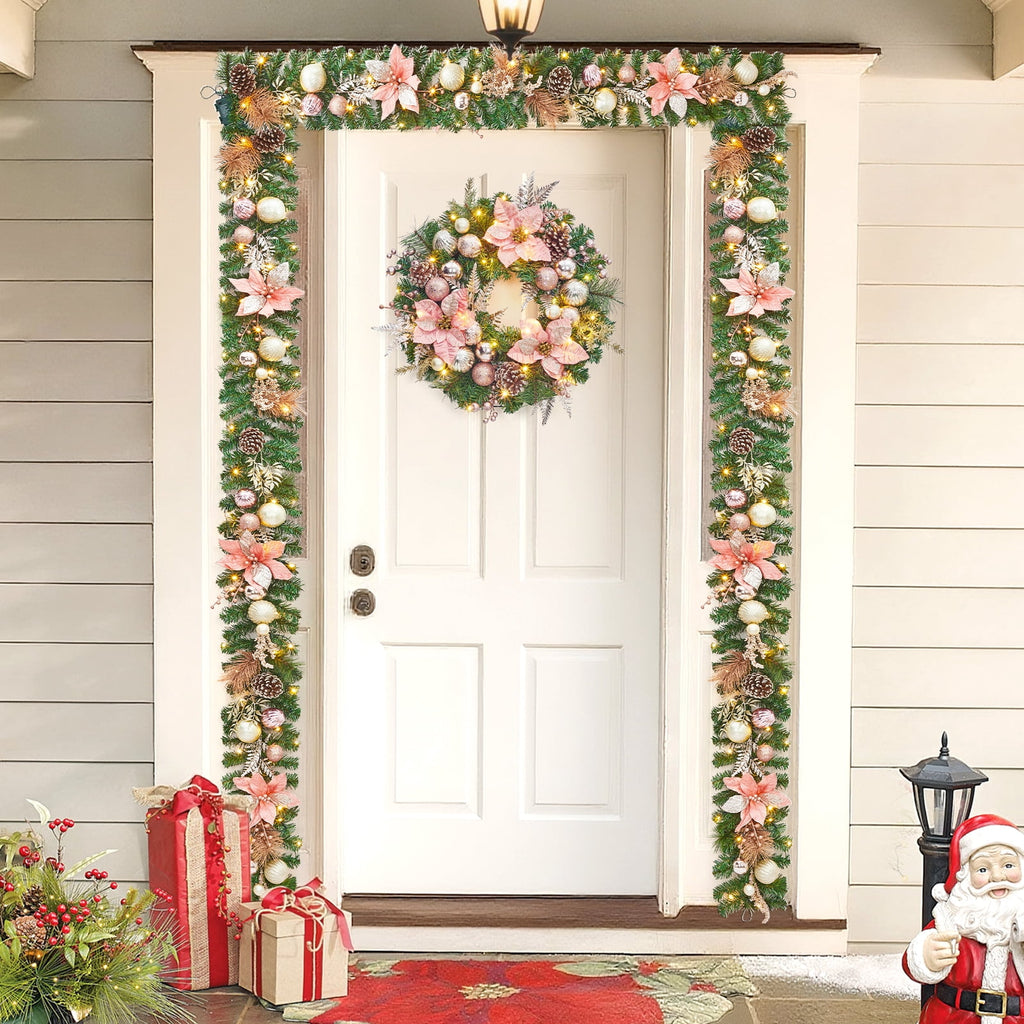 JoanKaren 24 inch Large Christmas Wreath Silver White with 20 LED Lights,Prelit Xmas Wreath w/ Ball Ornaments Pine Cone