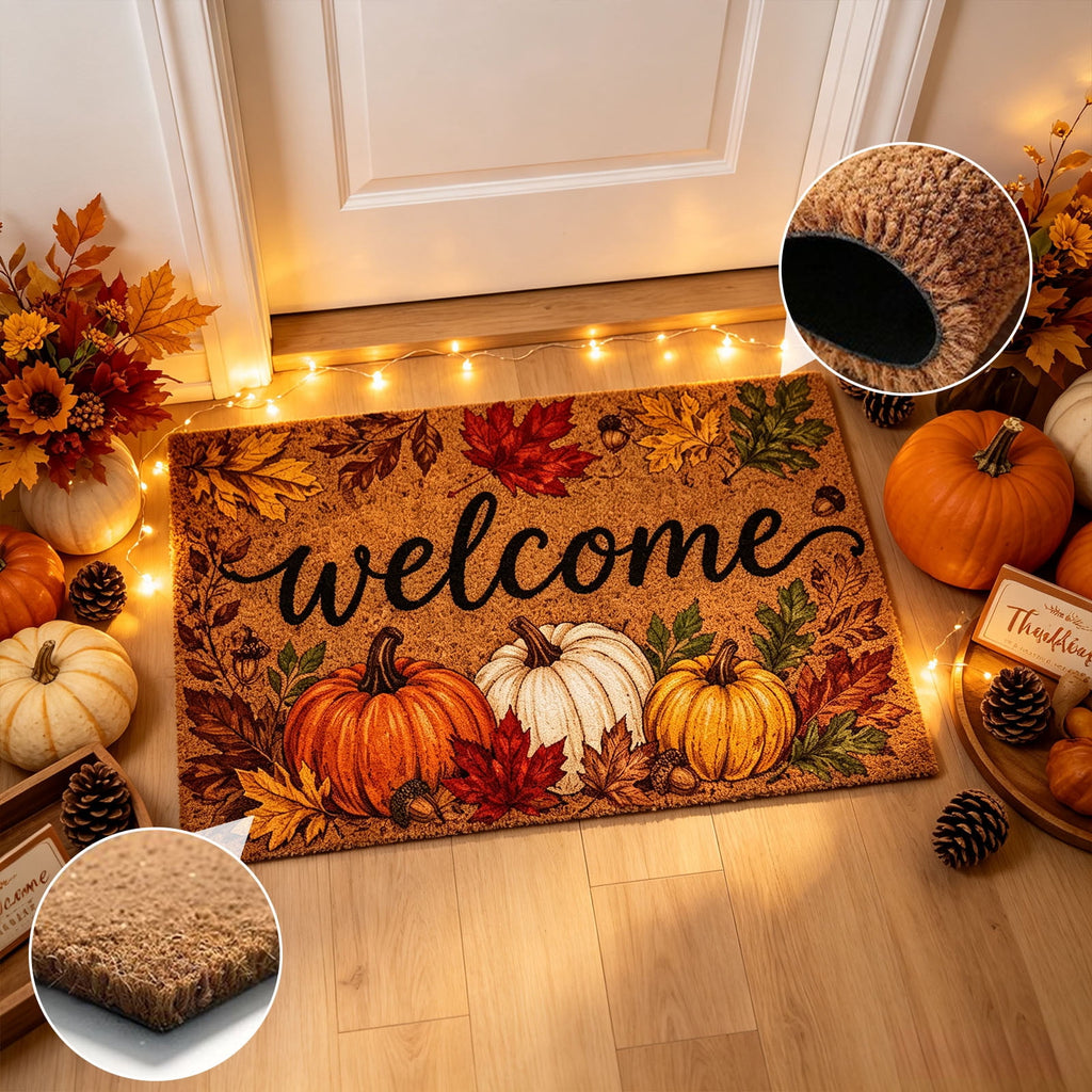Fall Welcome Coir Door Mat, Fall Harvest Pumpkin Front Door Outdoor Doormat Entrance Porch Non Slip Rubber Rug for Halloween Decor Brown